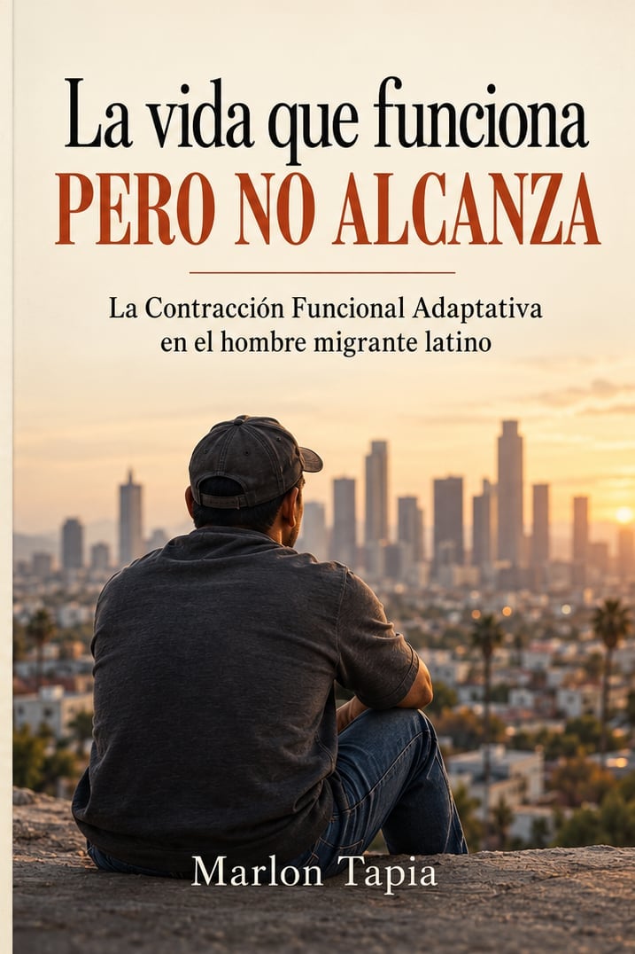 Book cover featuring a man in dark clothing sitting overlooking a city skyline at sunset, with Spanish title and author name Marlon Tapia