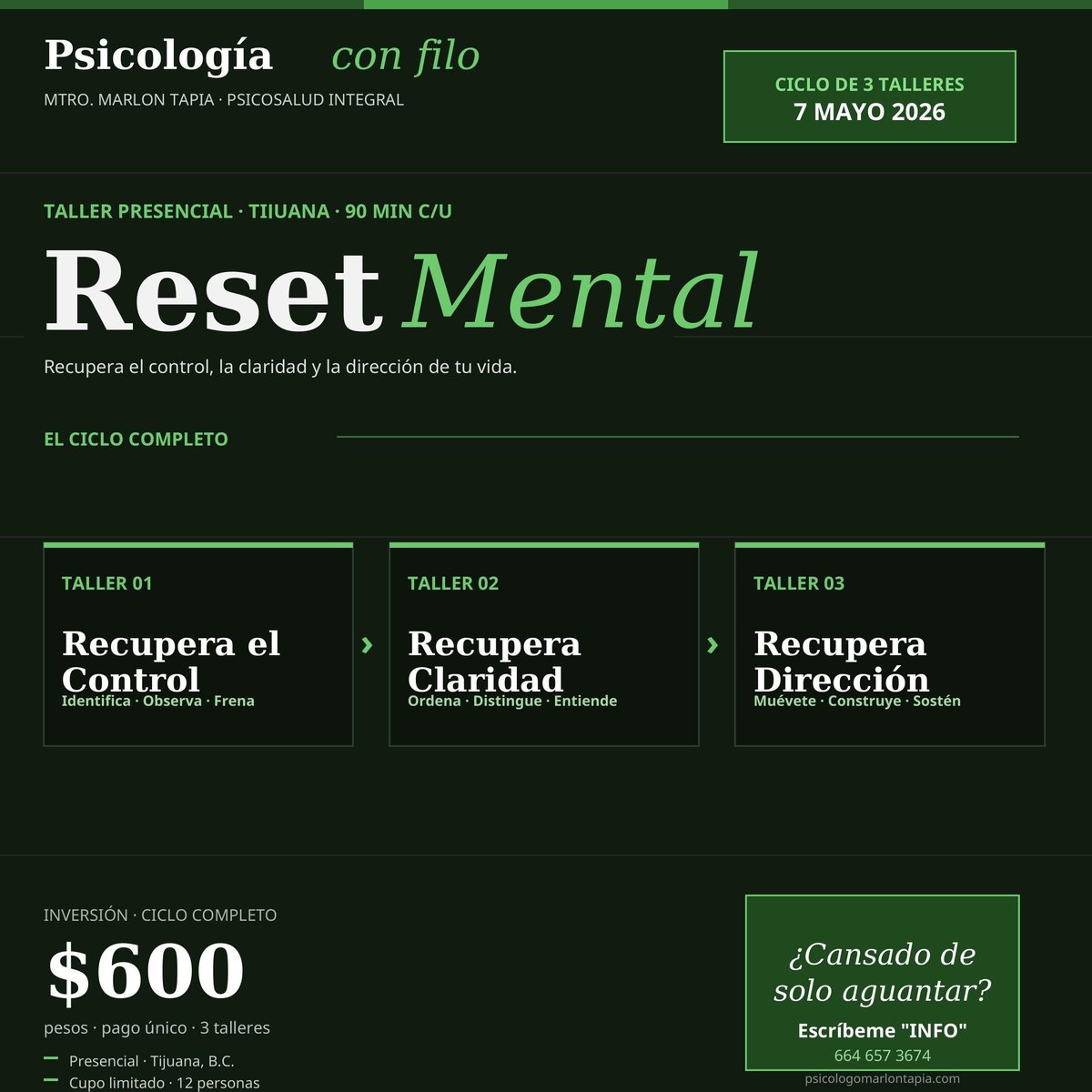Taller Reset Mental: Ciclo presencial de psicología con filo en Tijuana para trabajar ansiedad, estrés y regulación emocional
