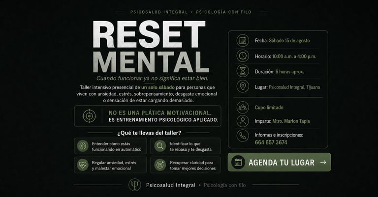 Event poster for Reset Mental, a psychological wellness workshop in Spanish with details about schedule, location, and registration information