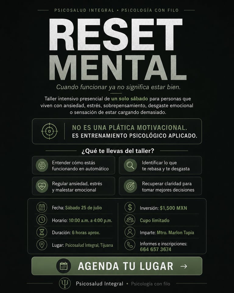 Spanish language flyer for Reset Mental workshop offering psychological training for anxiety, stress, and emotional overload on July 25