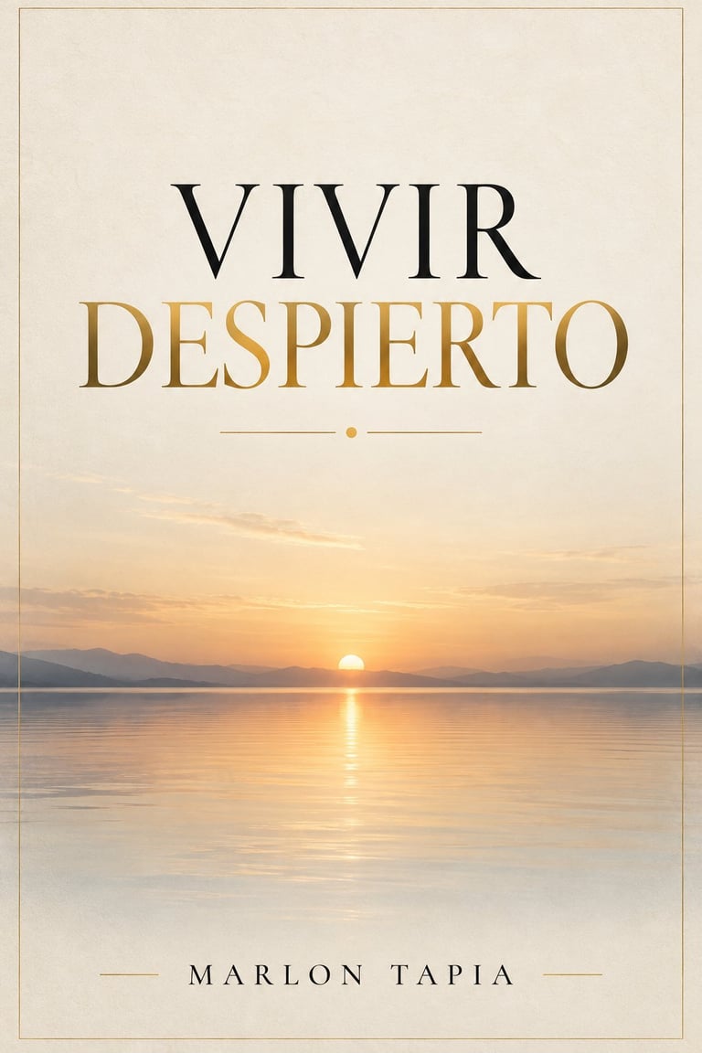 Book cover for Vivir Despierto by Marlon Tapia, featuring a serene sunrise over calm water with mountains