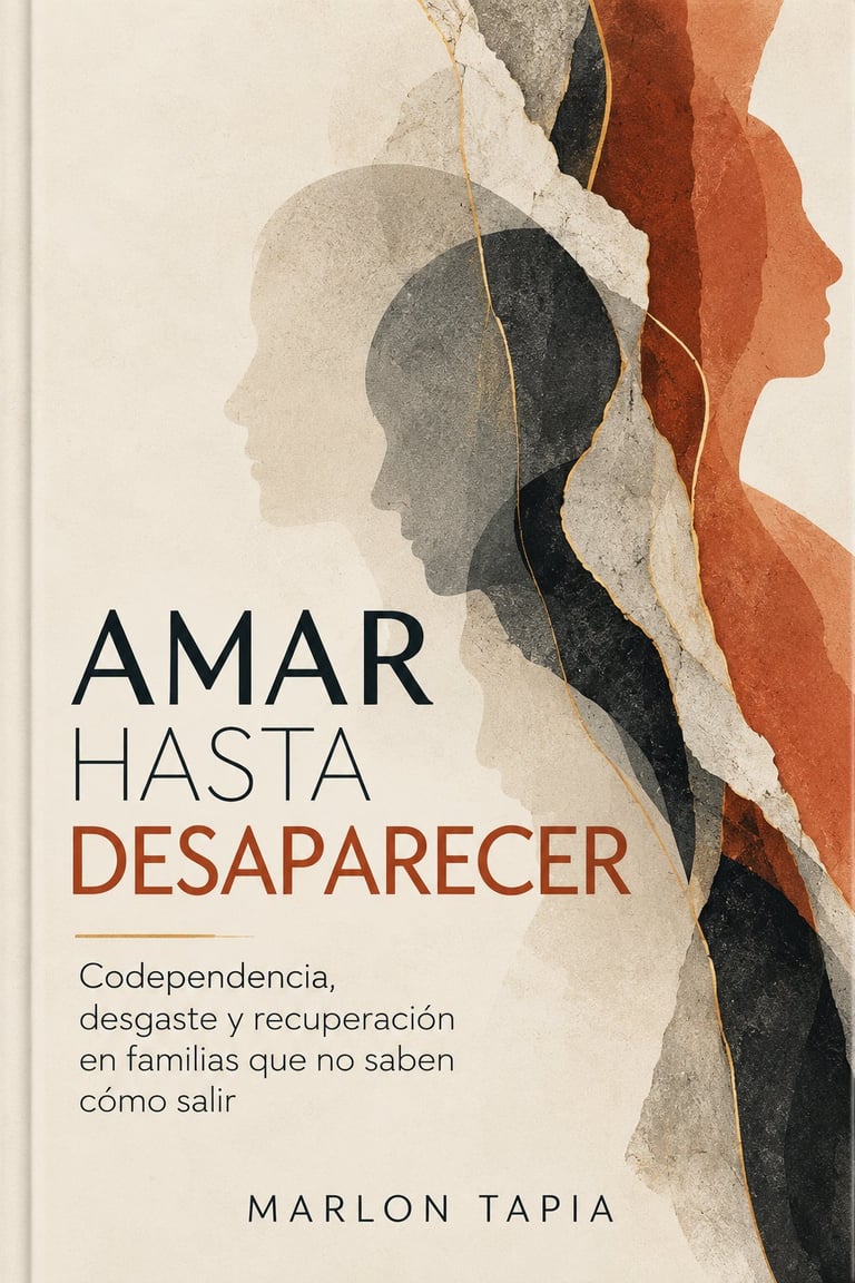 Book cover of Amar Hasta Desaparecer by Marlon Tapia with overlapping head silhouettes in neutral and rust tones