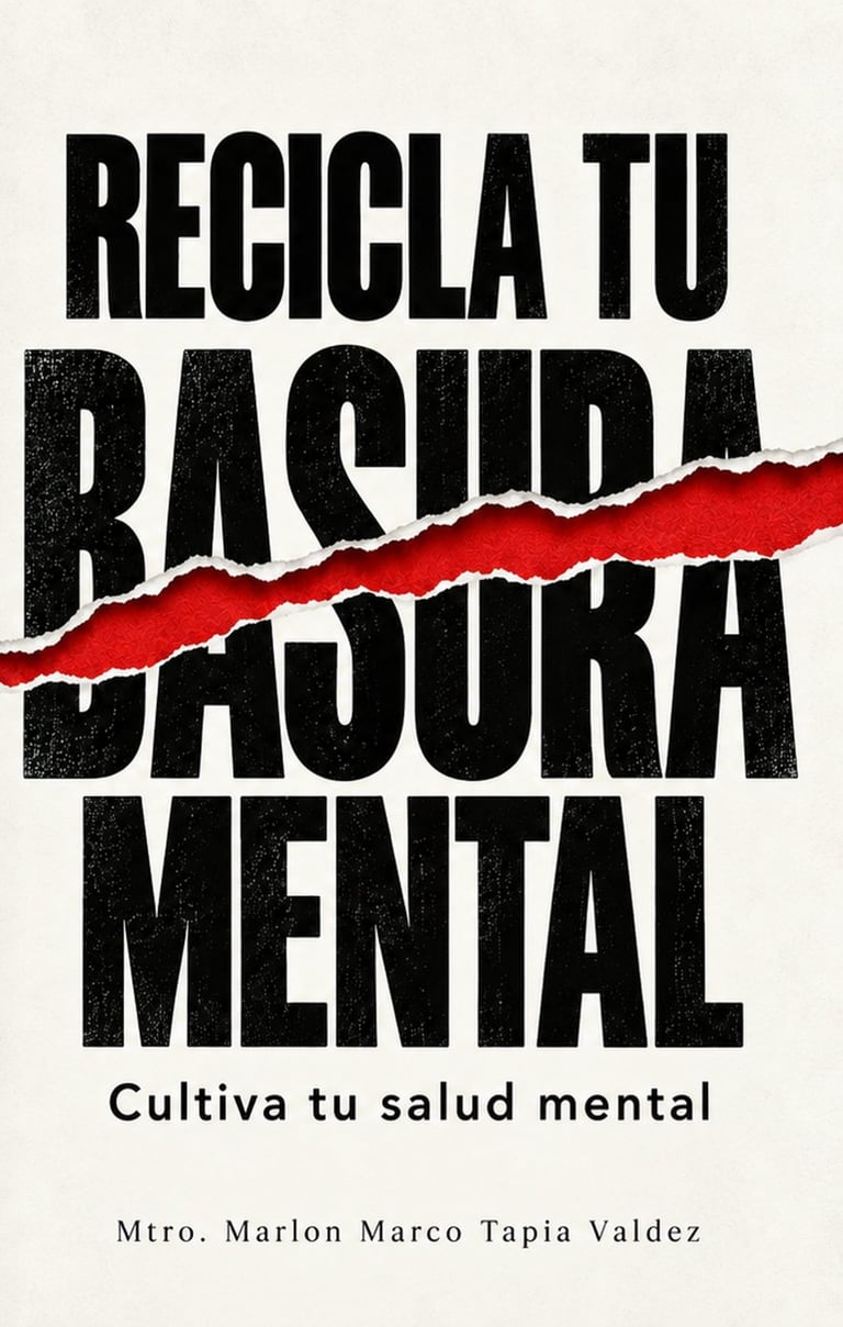 Spanish book cover for Recicla tu Basura Mental with bold black text and a red tear design, showing mental health theme by Marlon Marco Tapia Valdez