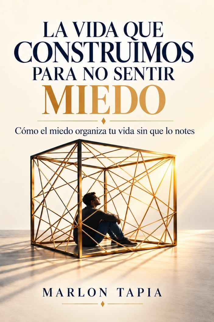 Book cover for La Vida Que Construimos Para No Sentir Miedo by Marlon Tapia, featuring a person sitting inside a geometric wire cage